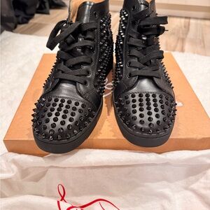 LOUBOUTIN LOUIS FLAT CALF/SPIKES in Black Sz 44